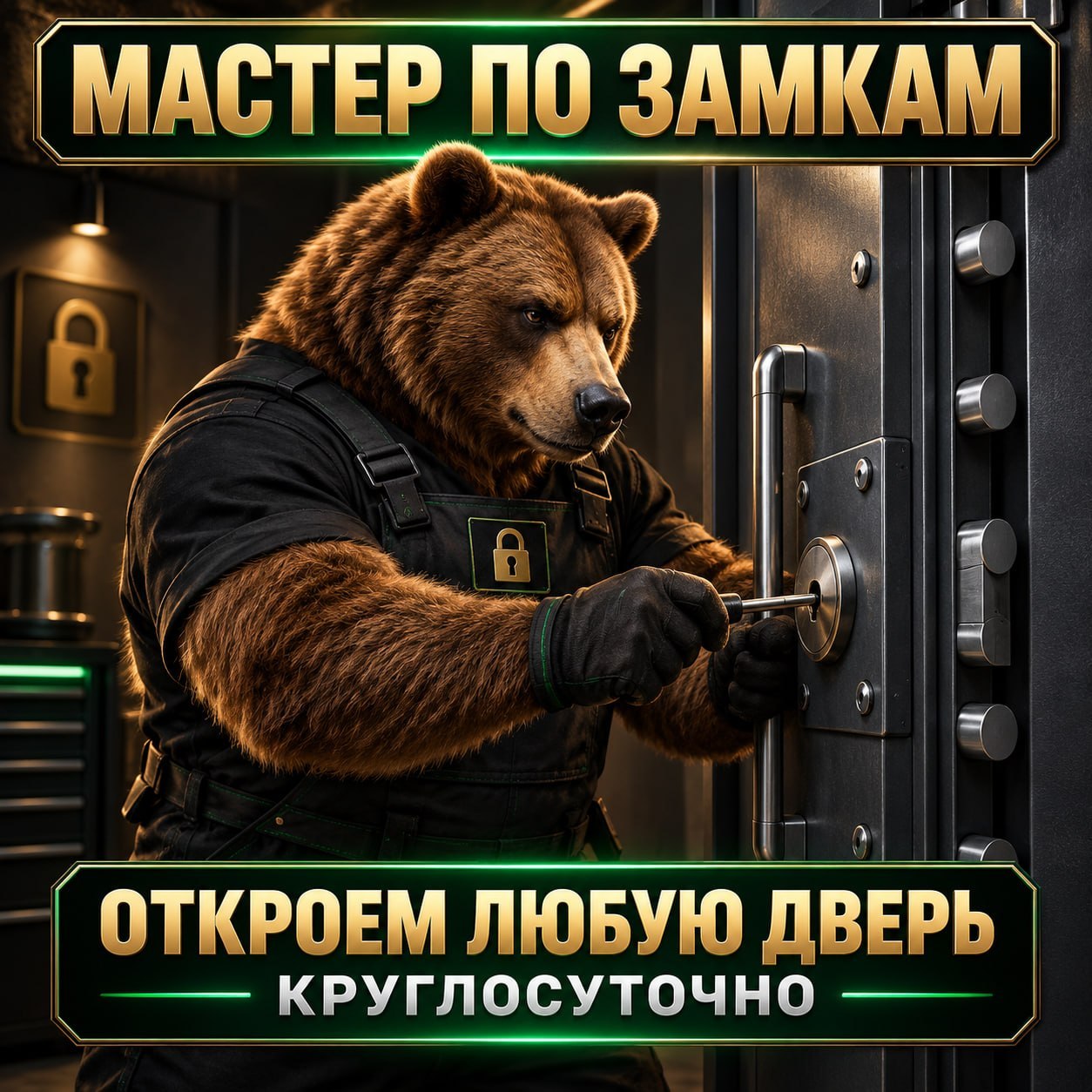 Медведь-мастер у двери с вывеской Мастер по замкам